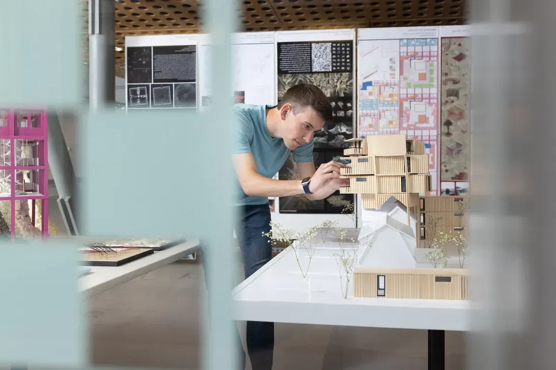 Brendan Carroll 23’ school of architecture student works on his thesis project in Slocum.